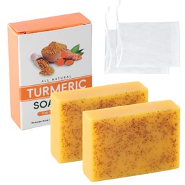 Pack of 2 Turmeric Lemon Soap with Foam Mesh - Handmade Brightening Face and Body Soap with Kojic Acid - Natural, Moisturising Gentle for All Skin Types