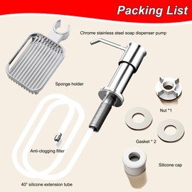 Dish Soap Dispenser for Kitchen Sink, Built in Sink Soap Dispenser Pump with Sponge Holder, Under Counter Chrome Stainless Steel Soap Dispenser with 40” Extension Tube Kit