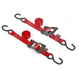 PowerTye 1.5in x 7ft Ergonomic Locking Ratchet Tie-Downs Made in USA with Heavy-Duty S-Hooks, Red (pair)