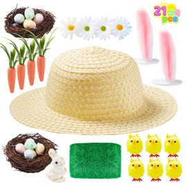 JOYIN Easter Bonnet Kit Easter Make Your Own Bonnet Hat Craft Set with Chicks, Bunny, Carrots, Bunny Ears, Eggs, Nests, Grass, Flower for Easter Hat Decoration, Kids Easter Bonnet DIY Activity