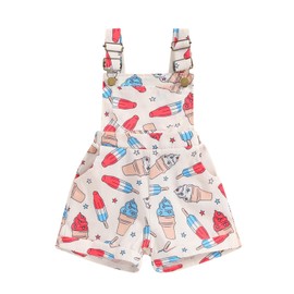 Adobabirl Toddler Baby 4th of July Outfit Girl Boy American Flag Overall Shorts Suspender Denim Jumpsuit with Pocket (US, Age, 6 Months, 12 Months, Ice Cream Beige)
