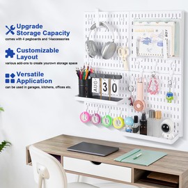 White Pegboard Wall Organizer Kit, 4 Pcs 12 x 12 in ABS Plastic Peg Board Panels with 10 Small Hooks, 2 Big Hooks, 2 Shelves, Wall Mounted Pegboard for Desk, Craft Room, Office and Kitchen Storage