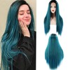 Long Straight Hair Wig Gradient Green Color Centre Parting Hairstyle