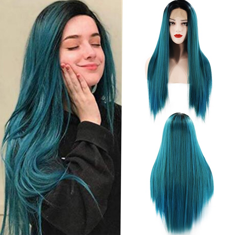 Long Straight Hair Wig Gradient Green Color Centre Parting Hairstyle