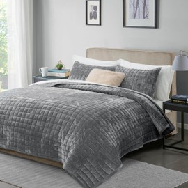 RECYCO Luxury Velvet Quilt Set Twin/Twin XL Size, Lightweight Velvet Comforter Set, Oversized Bedspread Coverlet Quilted Bedding Set, with 1 Matching Pillow Sham, for All Season, Gray