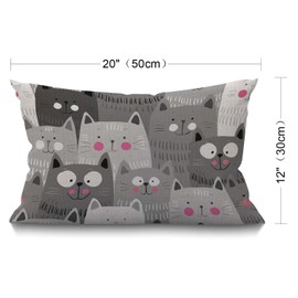 BGBDEIA Cat Cushion Cover 30 x 50 cm Cute Cartoon Animal Kitten Head Doodle Smile Rectangle Pillow Cases Home Decorative Cotton Linen Throw Pillow Cover for Bed Sofa Grey White Black 12x20 Inch