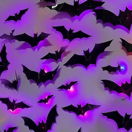 Halloween Decoracion, 24 Murcielagos Halloween 3D y 1 Gasa Negra,Murcielagos Adornos de Luz,Luminoso nocturna de murciélago,Ideal Decoración Hallowee 