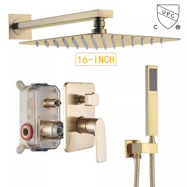 SR SUN RISE Brushed Gold Shower Faucet Set System Rainfall Shower Head Combo w/ Mixer Valve - Wall 16"