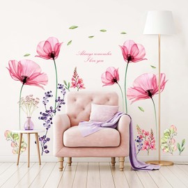 DECOWALL BS-106 X-ray Pink Flowers Wall Stickers Wall Decals Peel and Stick Removable Wall Stickers for Kids Nursery Bedroom Living Room