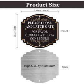 Danoib 2 Pack Please Close and Latch Gate Sign Bilingual English Spanish, 7.8" x 7" Rust-Free Aluminum Keep Gate Closed Sign, Weatherproof & UV Fade Resistant, Pre-Drilled Holes for Easy Installation