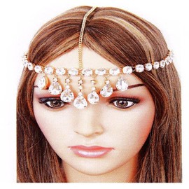 Head Jewelry ~ Hanging Crystals Head Chain Headband Goldtone Casual or Formal for Women (CH0126-GP