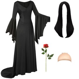 ZFQI Adult Black Gothic Dress for addams Costume Women Family Party Cute Soft Goth Dress with Wig Flower Accessories ZF028M