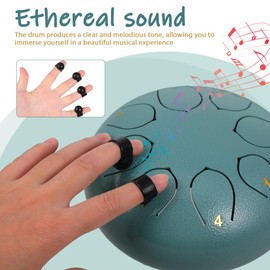 SUPVOX 6 Inch Rain Chime Drum: 8 Notes Carbon Steel Hand Drum Percussion Instrument - Outdoor Hollow Drum with Buggy Bag, Mallets & Holder, Music Book, Finger Picks and Notestikers