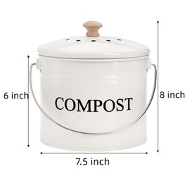 AVLA Compost Bin Kitchen Countertop, 1 Gallon Composter Pail, Food Waste Composting Bucket, Odorless Trash Keeper Container, White Scraps Caddy with Charcoal Filter, Carrying Handle, Lid