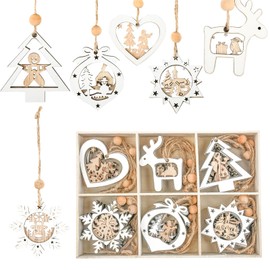 24 PCS Christmas Tree Ornaments, Wooden Christmas Ornaments Hanging Craft Decorations for Winter Wonderland, 3D Rustic Farmhouse Holiday Decors for Christmas Home Party Favors(White)