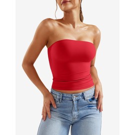 YEOREO Women's Double Lined Tube Tops Full Length Fitted Sexy Sophie Tops Strapless Non See Through Bandeau Going Out Basic Shirts Red Small