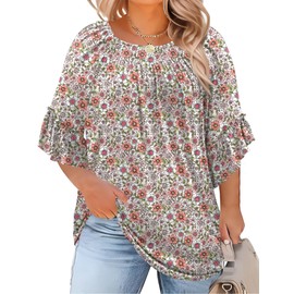 Micoson Womens Plus Size Tops 3/4 Ruffle Sleeve Office Shirts for Women Dressy Summer Spring Loose Fitting Blouse