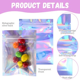 Blulu 100 Pieces Resealable Foil Proof Bags Scent Proof Flat Pouch Clear Smell Sealable Packing Bags Iridescent for Food Storage Snack Jewelry(2 x 3 Inches,Holographic Color)