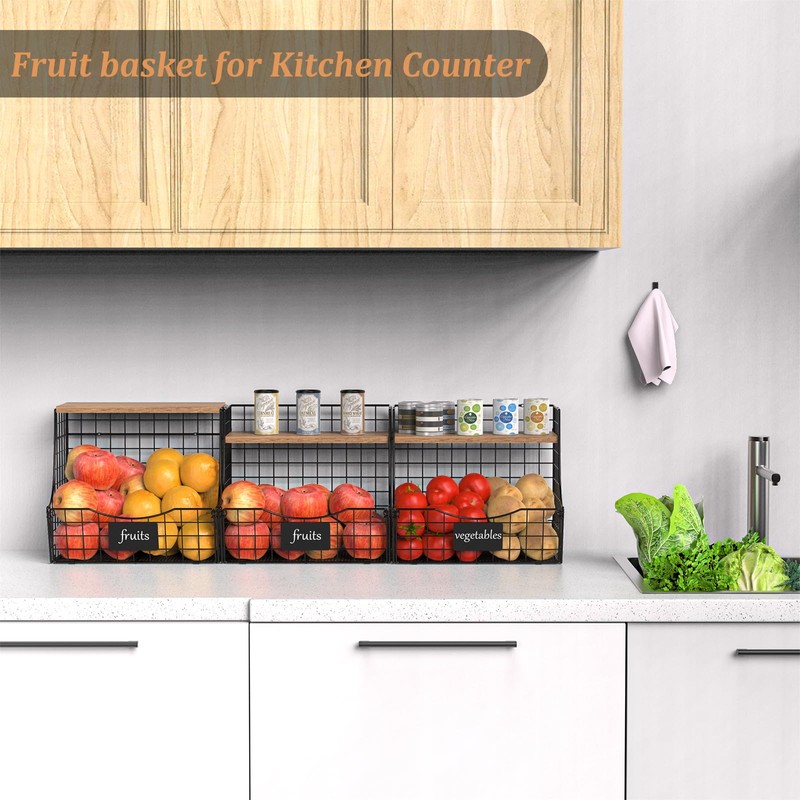 3 Pack Fruit Basket for Kitchen with Wood Lid -