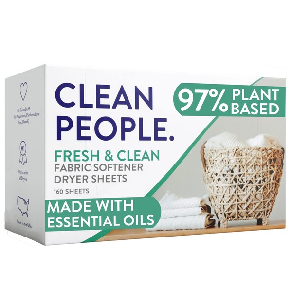 Clean People All Natural Fabric Softener Sheets - Plant-Based, Eco Friendly Dryer Sheets - Naturally Softens & Removes Static Cling - Vegan Laundry Softener With Essential Oils - Fresh Scent, 160 Pack
