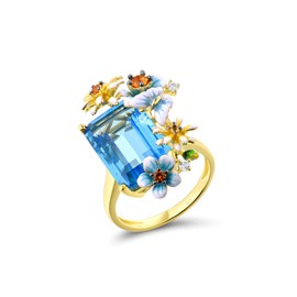 Santuzza 925 Sterling Silver Daisy Butterfly Ring Blue Glass Enamel Flower Ring for Women (6)