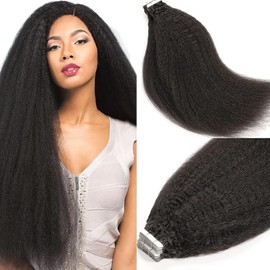 Anrosa Kinky Straight Hair Extension Tape in Black Seamless Skin Weft Tape ins Real Human Hair Extensions #1B Natural Black Tape in Extensions 20inch 50G 20Pcs