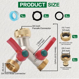 iBamso 2 Way Garden Hose Splitter with Two Quick Hose Connector, 3/4 inch Tap Y Splitter with On/Off Valves and Extended Handle, Solid Brass Nickel Plated 2-Way Tap Connector for Home Garden Outdoor