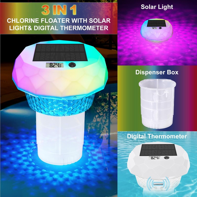 Solar Powered Pool Chlorine Floater with Digital Thermometer & LED