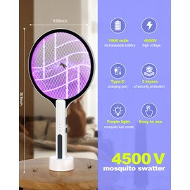 Electric Fly Swatter 4500V Bug Zapper Racket, 2 in 1 Handheld Fly Zapper & Purple Mosquito Killer Rechargeable and 3-Layer Safety for Indoor Home Office Backyard Patio Camping