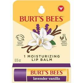 Burt's Bees Bálsamo labial hidratante de vainilla y lavanda, bálsamo labial sabroso que proporciona 12 horas de humedad, origen 100% natural, cera de abejas de origen responsable, tubo de 0.15 onzas