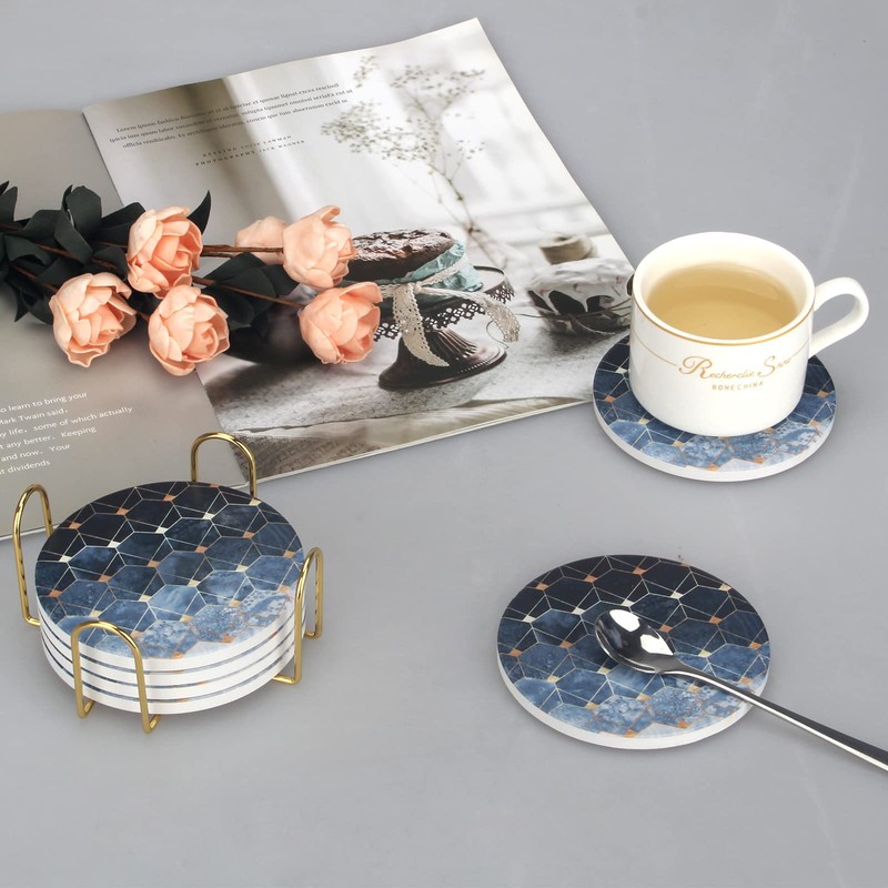 Vibiliyou Absorbent Coasters Blue Cube Coasters with Gold Holder Round