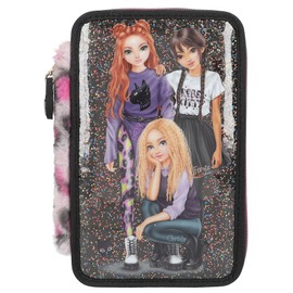 Depesche 13017 TOPModel Rebel Kitty - Filled 3-Compartment Pencil Case in Black, with Model Motif, Glitter and Leo Fur, Pencil Case with Colouring Pencils, Ruler, Scissors and Much More