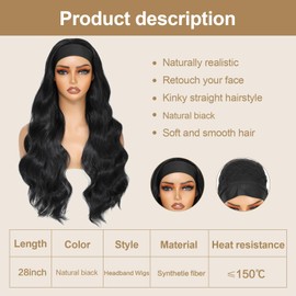 Yacurcur Glueless Headband Wig Long Black Body Wave Headband Wigs for Women Synthetic Natural Looking Wavy Wig 180% Density (28inch, 1B)