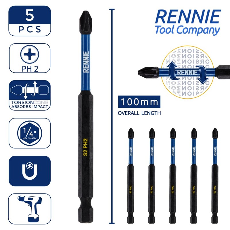 5 x Rennie Tools 100mm Long PH2 Impact Screwdriver Driver