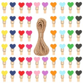 PWCTNT Wooden Pegs, Small, Wooden Clothespins, Pack of 101, Colour Heart Wooden Clothes Pegs with Jute Cords, 3.5 cm Multi-Purpose Mini Clothes Pegs for Photos, Postcards, DIY Decoration
