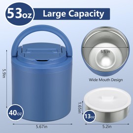 40oz Insulated Food Containers for Hot Food Soup Thermo for Adult Wide Mouth Large Capacity Leak Proof Vacuum Stainless Steel with Carry Handle and Spoon, BPA Free, Blue