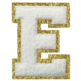 Iron on Letter Patch 3Pcs Varsity Glitter Chenille Letter Patches 4.5 inch for Clothing Backpacks Team Costume Decoration Golden Edge White E