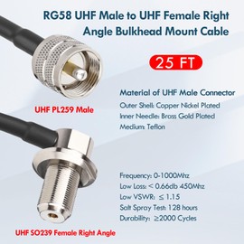 MOOKEERF RG58 UHF PL259 Male to SO239 Female Right Angle Bulkhead Mount Coax Cable - 25FT for Vehicle Car SUV Truck Two Way Radio Ham Radio