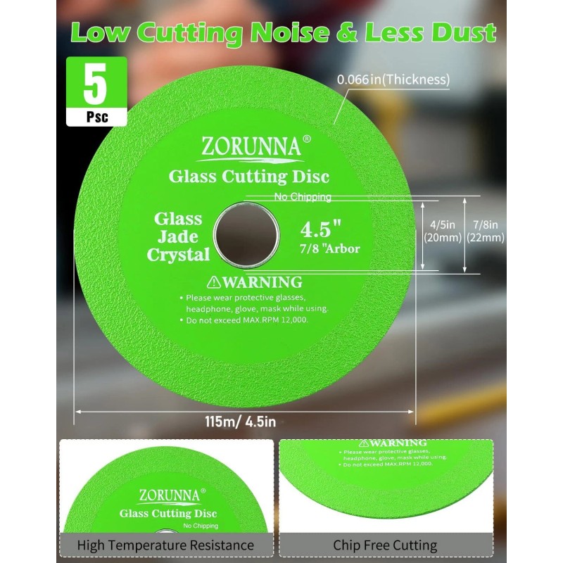 ZORUNNA Glass Cutting Disc for Angle Grinder 5-Pack Diamond Blades