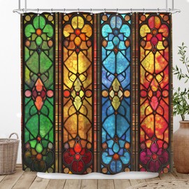 Riyidecor Abstract Stain Glass Shower Curtain 72Wx72H Inch Modern Cool Window Flower Pretty Beautiful Blue Green Orange Elegant for Girl Bathroom Decor Fabric Polyester Waterproof 12 Pack Hooks