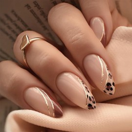 Short French Press on Nails Almond Fake Nails Leopard Print Pattern False Nails With Design Gold Line Glue on Nails Luxury Full Cover Stiletto Acrylic Nails Reusable Stick on Nails for Women 24Pcs