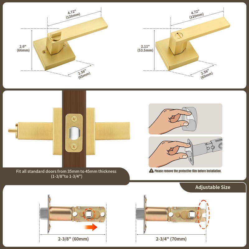 Moquin Square Privacy Gold Door Handle with Lock, Keyless Heavy