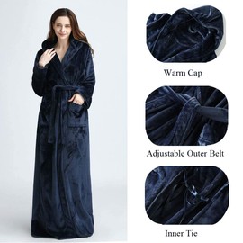 Hellomamma Long Hooded Robe for Women Luxurious Flannel Fleece Full Length Bathrobe Winter Warm Pajamas Shower Nightgown Navy Blue Medium