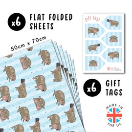 Baby Animal Wrapping Paper - 6 Sheets Blue Wrapping Paper - Baby Hippo Moo Deng - Hippo - for Men, Women, Kids - With Stickers - Recyclable - From Central 23
