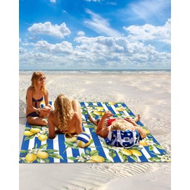 Gsypo Lemon Beach Blanket Waterproof Sandproof 83"x79", Summer Blue Stripes Oversized Beach Mat with 4 Corner Sand Pocket & 4 Stakes, Compact Outdoor Picnic Mat for Camping Travel Festivals