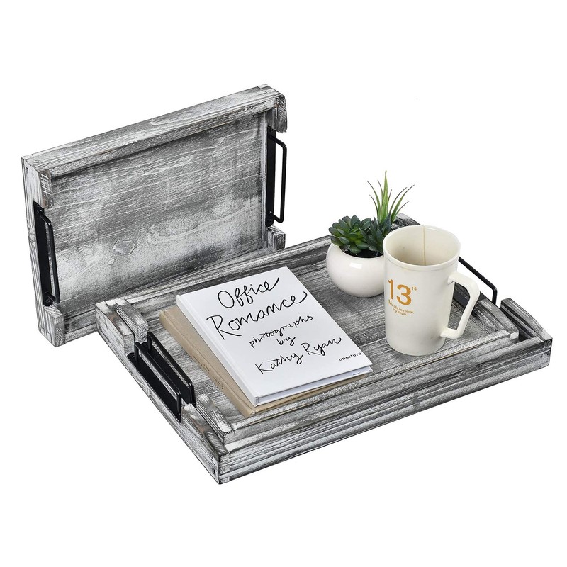 VERGOODR Country Rustic Torched Wood Nesting Breakfast Serving Trays with