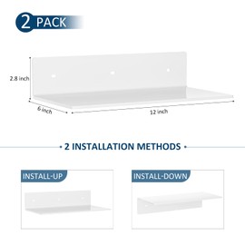 Sezanrpt 12 Inches White Acrylic Wall Shelves Set of 2, White Floating Shelf, Wall Mounted Shelves for Funko Pop Shelves, Smart Speaker, Plants, Picture Frame, Digital Clock, 2 Pack