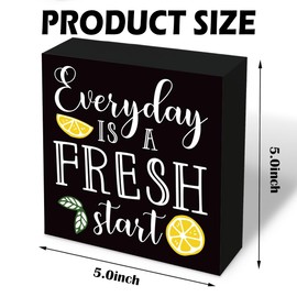 Inspirational Wood Sign, Rustic Wooden Table Signs, Motivational Block Signs Decor, Home Office Desk Black Decor, Black Wooden Box Signs 5.1x5.1 inches, Everything is a Fresh Start Sign