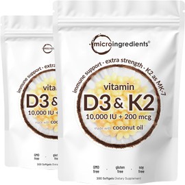 Micro Ingredients Vitamin D3 10,000 IU + K2 MK-7 200 mcg, 600 Softgels with Virgin Coconut Oil (2 Pack) | 2-in-1 Vitamins D & K Complex | Extra Strength, Easy to Swallow, Non-GMO, Gluten Free
