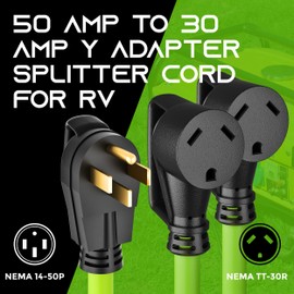 GearIT 50 Amp to 30 Amp RV Y Splitter Adapter Cord, NEMA 14-50P Male to x2 TT-30R Female Receptacle, 4-Prong to 3-Prong Power Cord - 3 Feet